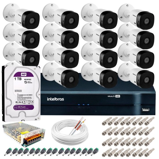 Kit Intelbras 16 Câmeras HD 720p VHL 1120 B + DVR 1116 Intelbras com HD 1TB + Acessórios