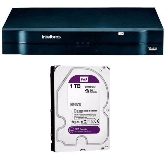 NVR, HVR Stand Alone Intelbras NVD 1208 8 Canais, para Camera IP, OnVif + HD WD Purple 1TB