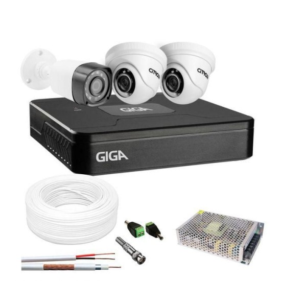 Kit 3 Câmeras de Segurança HD 2 Externas Bullet e 1 Interna Dome Com DVR Giga Security