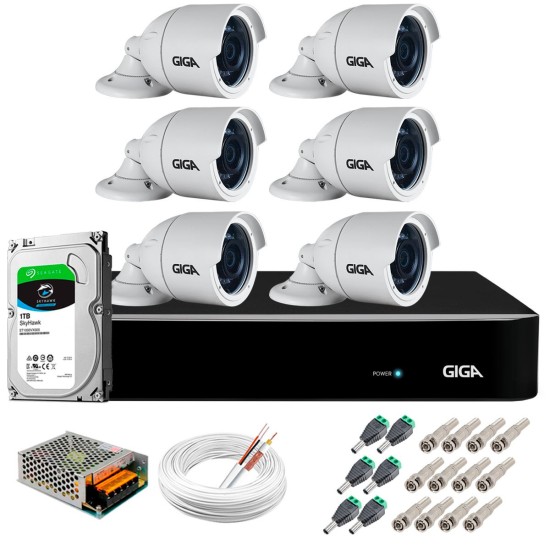 Kit 6 Câmeras 5MP + DVR Giga + HD 1TB + App de Monitoramento, Câmeras 30m Infravermelho de Visão Noturna Giga Security GS0047 Completo com Acessórios