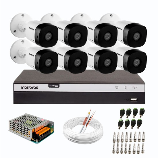 Kit 8 Câmeras de Segurança Full HD Intelbras VHD 1220 B G6 + DVR Intelbras Full HD MHDX 3108 de 8 Canais + Acessórios
