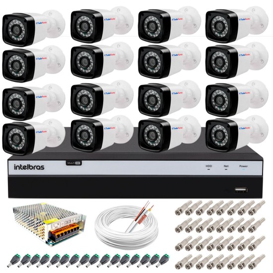 Kit 16 Câmeras + DVR Intelbras + App Grátis de Monitoramento, Câmeras Full HD 1080p 20m Infravermelho de Visão Noturna + Fonte, Cabos e Acessórios 10734