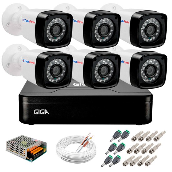 Kit 06 câmeras full hd 1080p 2mp + dvr giga security + app grátis de monitoramento, câmeras 20m infravermelho de visão noturna + fonte, cabos e acessórios