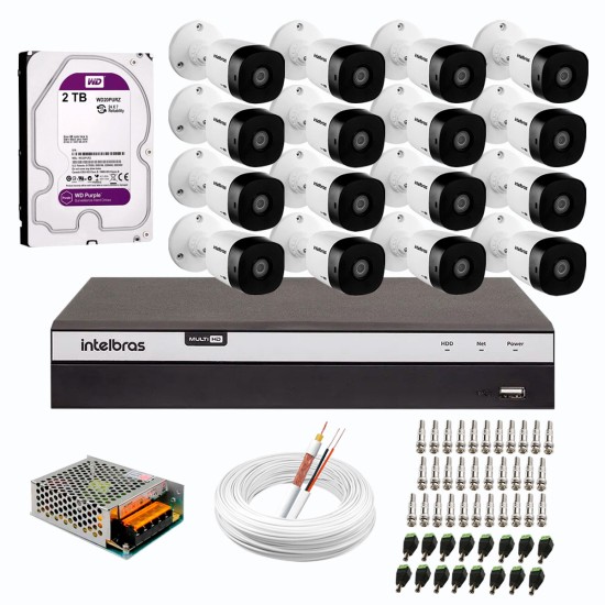 Kit 16 Câmeras de Segurança Full HD Intelbras VHD 1220 B G6 + DVR Intelbras 16 Canais Full HD MHDX 3116 + HD WD Purple 2TB + Acessórios
