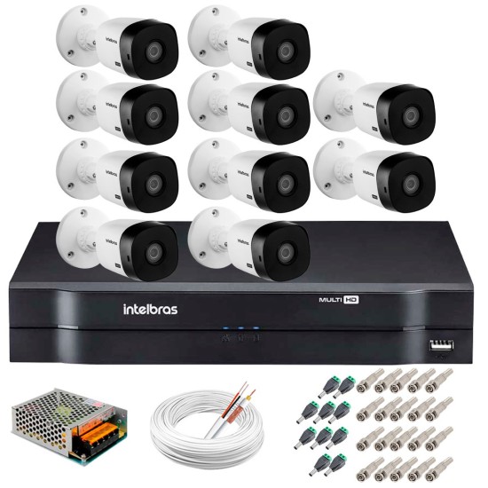 Kit 10 Câmeras Intelbras VHL 1220 B Full HD 1080 Lite + DVR Intelbras - Câmeras com 20m Infravermelho de Visão Noturna + Fonte, Cabos e Acessórios