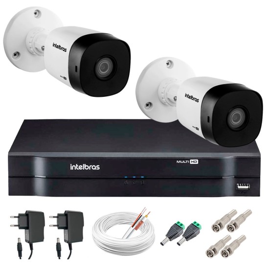 Kit 2 Câmeras VHD 1010 B G5 + DVR Intelbras + App Grátis de Monitoramento, Câmeras HD 720p 10m Infravermelho de Visão Noturna Intelbras + Fonte, Cabos e Acessórios