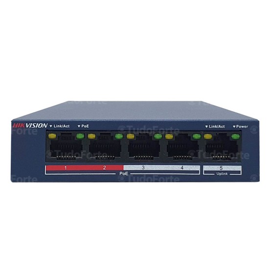 Switch PoE 5 Portas Hikvision DS-3E0105P-E/M, 4 portas PoE e 1 porta UpLink, alimentação até 250 mts distância