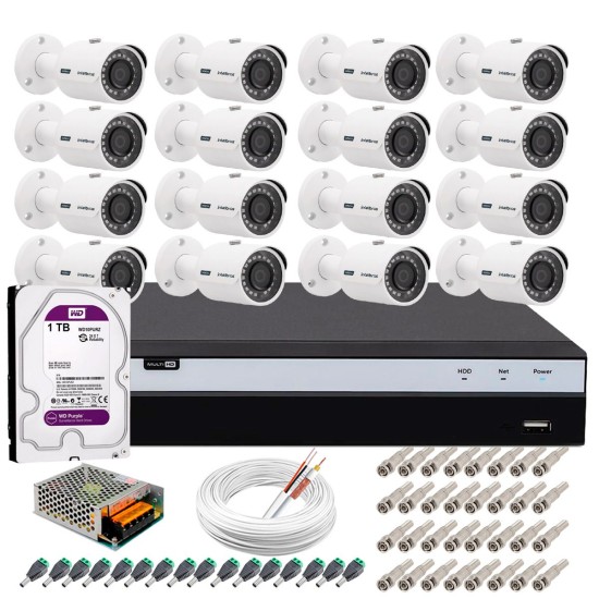 Kit 16 Câmeras de Segurança 4MP 2k Intelbras VHD 3430 B + DVR Intelbras 4K + HD 1TB + Acessórios