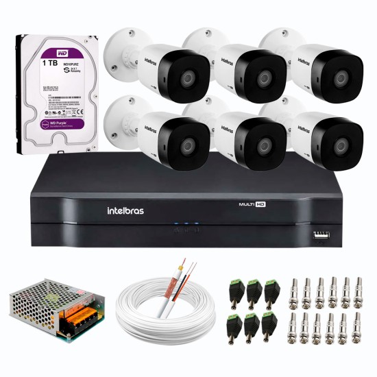 Kit 6 Câmeras de Segurança Full HD 1080p VHD 1220 B G6 + DVR Intelbras MHDX 1108 de 8 Canais 1080p Lite + Acessórios