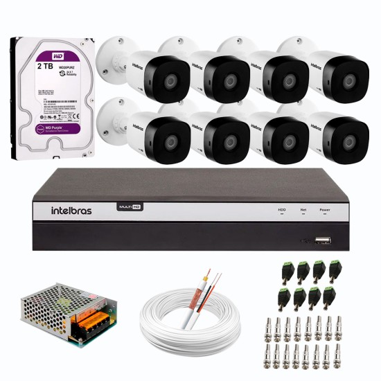 Kit 8 Câmeras de Segurança Full HD Intelbras VHD 1220 B G6 + DVR Intelbras 08 Canais Full HD MHDX 3108 + HD WD Purple 2TB + Acessórios