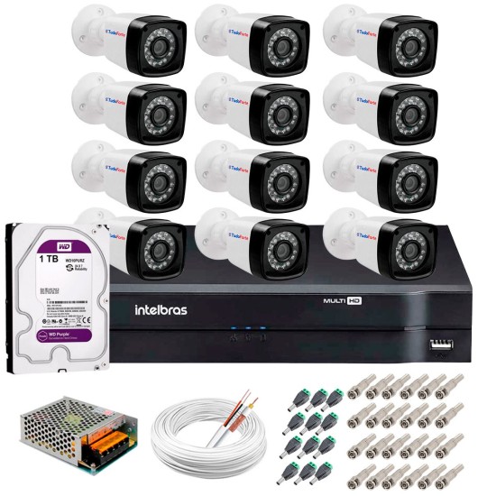 Kit 12 Câmeras Tudo Forte Full HD 1080 Lite + DVR Intelbras + Acessórios Completo - Câmeras com 25m Infravermelho de Visão Noturna