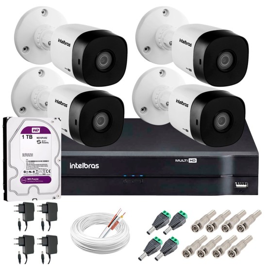 Kit 4 Câmeras VHD 1010 B G5 + DVR Intelbras + HD 1TB + App Grátis de Monitoramento, HD 720p 10m Infravermelho + Cabos e Acessórios