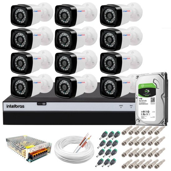 Kit 12 Câmeras + DVR Intelbras + HD 1 TB + App de Monitoramento, Câmeras Full HD 1080p 20m Infravermelho de Visão Noturna + Fonte, Cabos e Acessórios