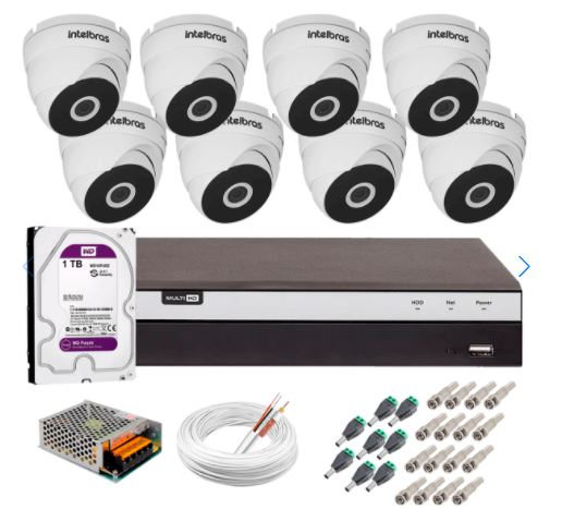 Kit 8 Câmeras VHD 3220 D G5 + DVRIntelbras + HD 1TB para Armazenamento + App Grátis de Monitoramento, Câmeras Full HD 1080p 20m Infravermelho de Visão Noturna Intelbras + Fonte, Cabos e Acessórios