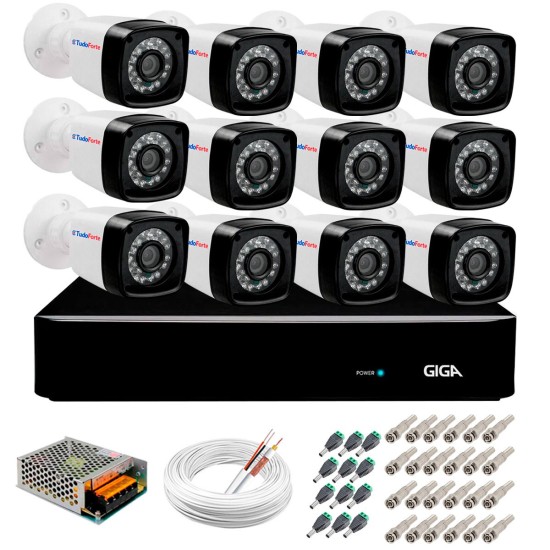Kit 12 Câmeras Full HD 1080p + DVR Giga Security + App Grátis de Monitoramento, Câmeras 20m Infravermelho de Visão Noturna + Fonte, Cabos e Acessórios