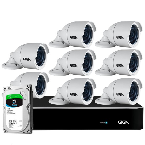 Kit 8 Câmeras Full HD + DVR Giga Security + HD 1TB + App Grátis de Monitoramento, Câmeras GS0273 1080p 30m Infravermelho de Visão Noturna + Fonte, Cabos e Acessórios