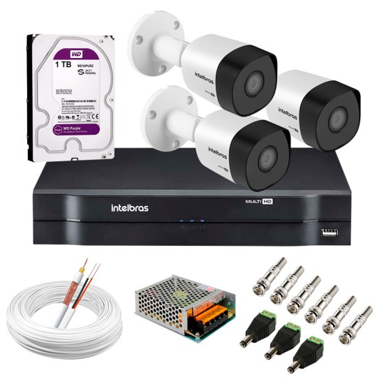Kit 3 Câmeras VHD 3130 B G6 + DVR Intelbras + HD 1TB para Armazenamento + App Grátis de Monitoramento, Câmeras HD 720p 30m Infravermelho de Visão Noturna Intelbras + Fonte, Cabos e Acessórios