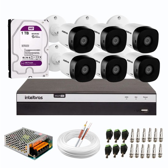 Kit 6 Câmeras de Segurança Full HD Intelbras VHD 1220 B G6 + DVR Intelbras 08 Canais Full HD MHDX 3108 + HD WD Purple 1TB + Acessórios