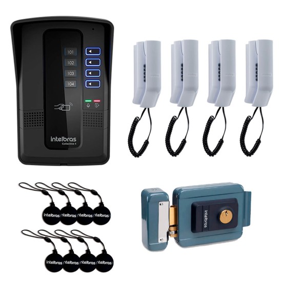 Kit Porteiro Eletrônico Coletivo de 4 Pontos - Central Collective 4 Intelbras + Interfone Interno 4 Unidades + Cartão de Proximidade 8 Unidades + Fechadura Elétrica