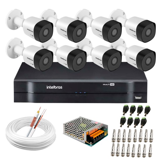 Kit 8 Câmeras VHD 3130 B G6 + DVR Intelbras + App Grátis de Monitoramento, Câmeras HD 720p 30m Infravermelho de Visão Noturna Intelbras + Fonte, Cabos e Acessórios