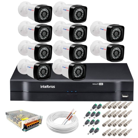 Kit 10 Câmeras + DVR Intelbras + App Grátis de Monitoramento, Câmeras HD 720p 20m Infravermelho de Visão Noturna + Fonte, Cabos e Acessórios
