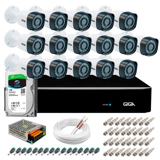 Kit Giga Security 16 Câmeras HD 720p GS0018 + DVR com HD 1TB Seagate + Acessórios