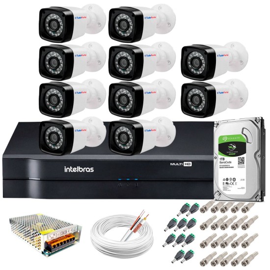 Kit 10 Câmeras + DVR Intelbras + HD 1 TB + App de Monitoramento, Câmeras HD 720p 20m Infravermelho de Visão Noturna + Fonte, Cabos e Acessórios