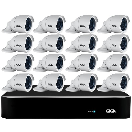 Kit 16 Câmeras Full HD + DVR Giga Security + App Grátis de Monitoramento, Câmeras GS0273 1080p 30m Infravermelho de Visão Noturna + Fonte, Cabos e Acessórios