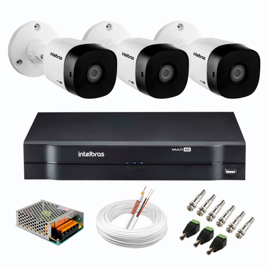 Kit 3 Câmeras de Segurança Full HD 1080p VHD 1220 B G6 + DVR Intelbras MHDX 1104 de 4 Canais 1080p Lite + Acessórios