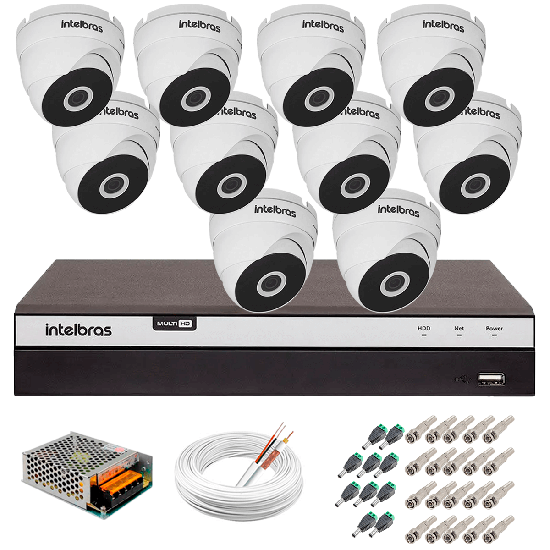 Kit 10 Câmeras VHD 3220 D G5 + DVR Intelbras + App Grátis de Monitoramento, Câmeras Full HD 1080p 20m Infravermelho de Visão Noturna Intelbras + Fonte, Cabos e Acessórios