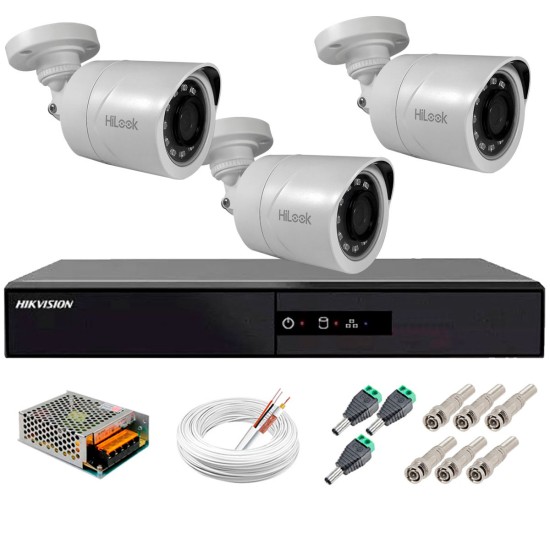 Kit 3 Câmeras + DVR Hikvision + Fonte, Cabos e Acessórios - Câmeras Hilook THC B120C-P Full HD 1080 Lite 20m Infra e Visão Noturna