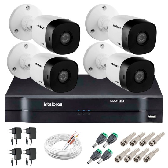 Kit 4 Câmeras VHD 1010 B G5 + DVR Intelbras + App Grátis de Monitoramento, Câmeras HD 720p 10m Infravermelho de Visão Noturna Intelbras + Fonte, Cabos e Acessórios