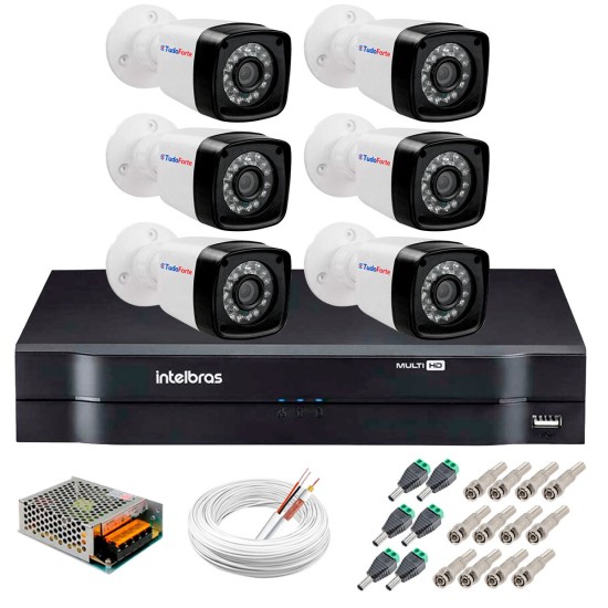 Kit 6 Câmeras Tudo Forte Full HD 1080 Lite + DVR Intelbras - Câmeras com 25m Infravermelho de Visão Noturna + Fonte, Cabos e Acessórios