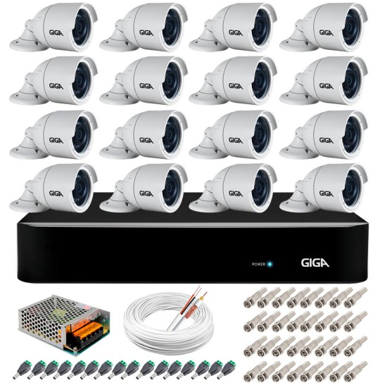 Kit 16 Câmeras 5MP + DVR Giga + App de Monitoramento, Câmeras 30m Infravermelho de Visão Noturna Giga Security GS0047 Completo com Acessórios