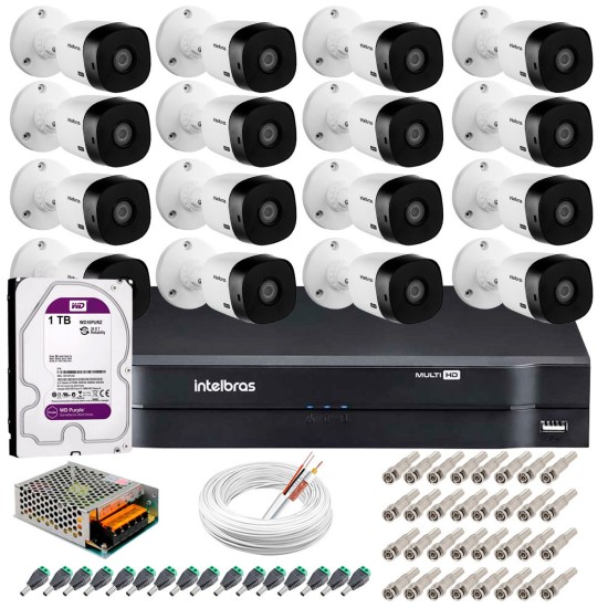 Kit 16 Câmeras Intelbras VHL 1220 B Full HD 1080 Lite + DVR Intelbras + Acessórios Completo - Câmeras com 20m Infravermelho de Visão Noturna