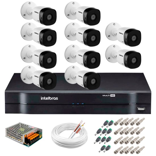 Kit 10 Câmeras VHD 1120 B G5 + DVR Intelbras + App de Monitoramento, Câmeras HD 720p 20m Infravermelho Intelbras + Fonte, Cabos e Acessórios