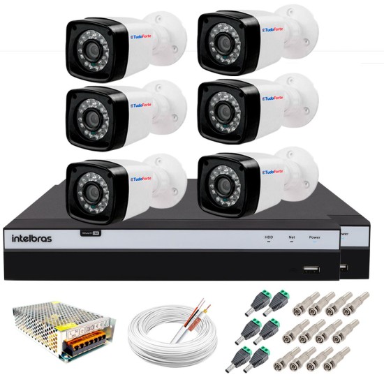 Kit 6 Câmeras + DVR Intelbras + App Grátis de Monitoramento, Câmeras Full HD 1080p 20m Infravermelho de Visão Noturna + Fonte, Cabos e Acessórios 10726