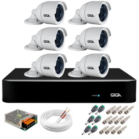 Kit 6 Câmeras 5MP + DVR Giga + App de Monitoramento, Câmeras 30m Infravermelho de Visão Noturna Giga Security GS0047 Completo com Acessórios