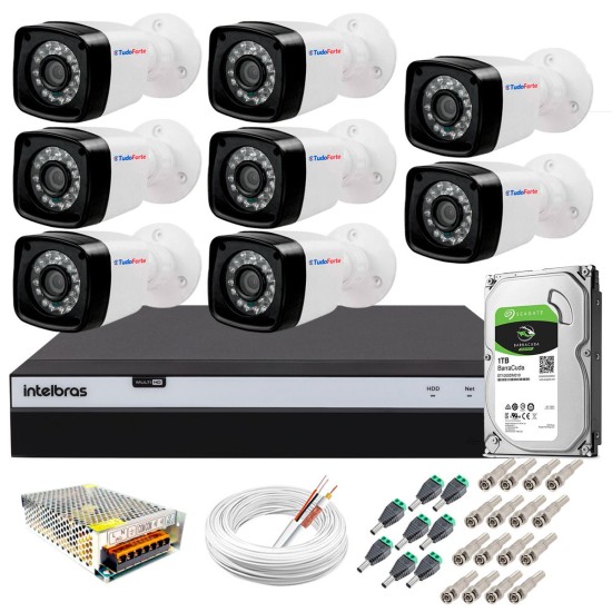 Kit 8 Câmeras + DVR Intelbras + HD 1 TB + App de Monitoramento, Câmeras Full HD 1080p 20m Infravermelho de Visão Noturna + Fonte, Cabos e Acessórios 10742