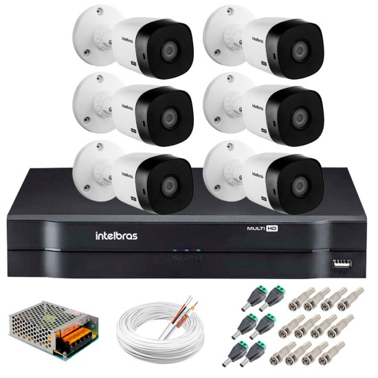 Kit 6 Câmeras Intelbras VHL 1220 B Full HD 1080 Lite + DVR Intelbras - Câmeras com 20m Infravermelho de Visão Noturna + Fonte, Cabos e Acessórios