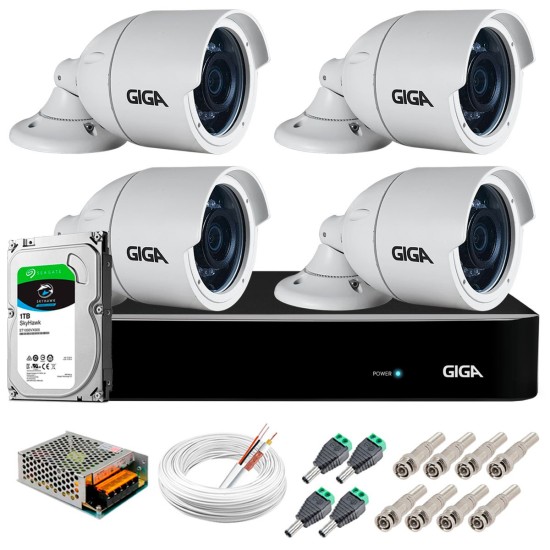 Kit 4 Câmeras 5MP + DVR Giga + HD 1TB + App de Monitoramento, Câmeras 30m Infravermelho de Visão Noturna Giga Security GS0047 Completo com Acessórios