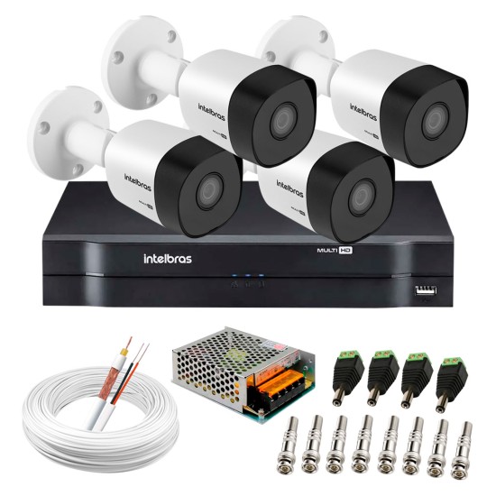 Kit 4 Câmeras VHD 3130 B G6 + DVR Intelbras + App Grátis de Monitoramento, Câmeras HD 720p 30m Infravermelho de Visão Noturna Intelbras + Fonte, Cabos e Acessórios