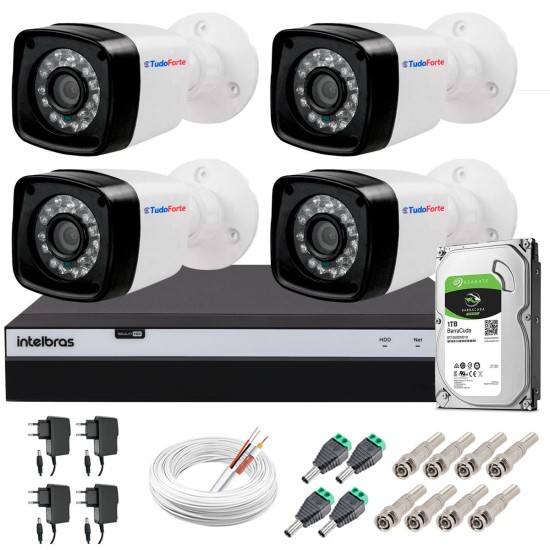 Kit 4 Câmeras + DVR Intelbras + HD 1 TB + App de Monitoramento, Câmeras Full HD 1080p 20m Infravermelho de Visão Noturna + Fonte, Cabos e Acessórios