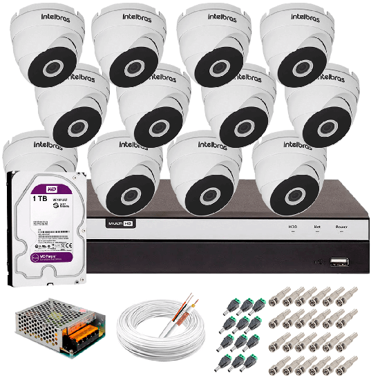 Kit 12 Câmeras VHD 3220 D G5 + DVRIntelbras + HD 1TB para Armazenamento + App Grátis de Monitoramento, Câmeras Full HD 1080p 20m Infravermelho de Visão Noturna Intelbras + Fonte, Cabos e Acessórios