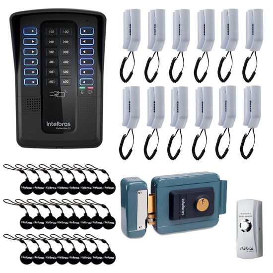 Kit Porteiro Eletrônico Coletivo 12 Pontos Intelbras Collective 12 - Central de Interfone Coletivo + Interfone Interno + Cartão de Proximidade + Fechadura Elétrica + Botão de Saída