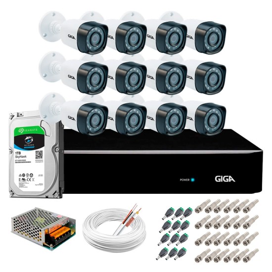 Kit Giga Security 12 Câmeras HD 720p GS0018 + DVR com HD 1TB Seagate + Acessórios