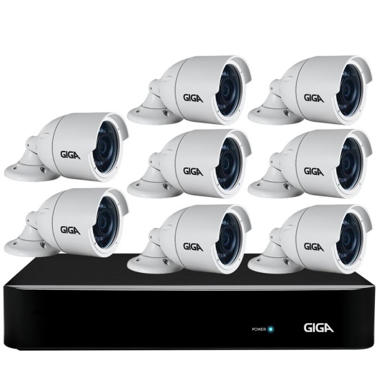Kit 8 Câmeras Full HD + DVR Giga Security + App Grátis de Monitoramento, Câmeras GS0273 1080p 30m Infravermelho de Visão Noturna + Fonte, Cabos e Acessórios