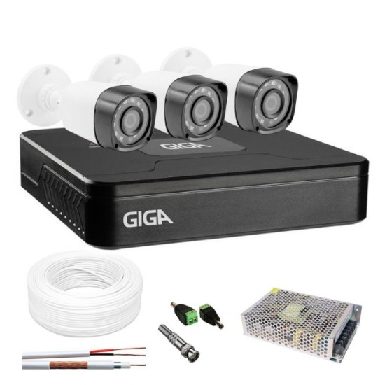 Kit 3 Câmeras de Segurança HD Com DVR Giga Security 4 Canais e Acessórios