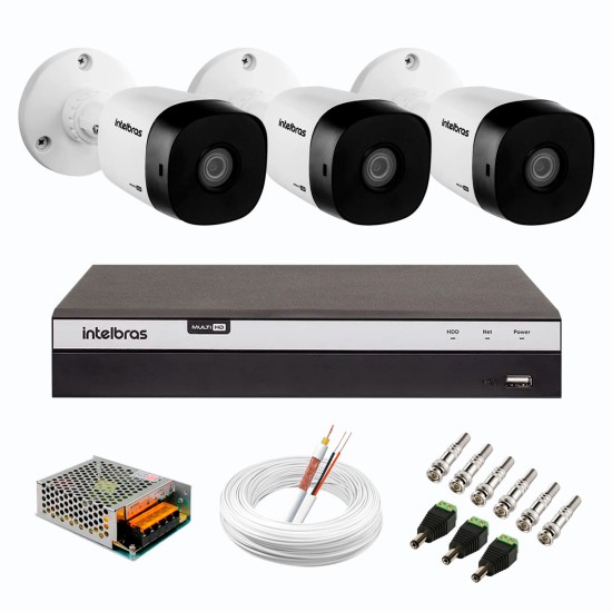 Kit 3 Câmeras de Segurança Full HD Intelbras VHD 1220 B G6 + DVR Intelbras 04 Canais Full HD MHDX 3104 + Acessórios