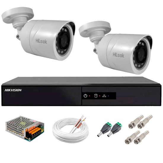 Kit 2 Câmeras + DVR Hikvision + Fonte, Cabos e Acessórios - Câmeras Hilook THC B120C-P Full HD 1080 Lite 20m Infra e Visão Noturna